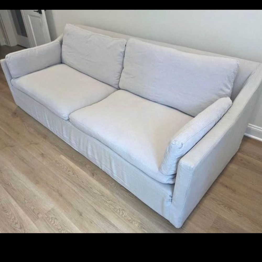 Restoration Hardware Belgian slope arm 8’ luxe couch slipcovers in color mist